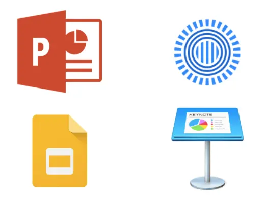 Logo o 4 meddalwedd cyflwyniad: PowerPoint, Google Slides; Prezi; Keynote