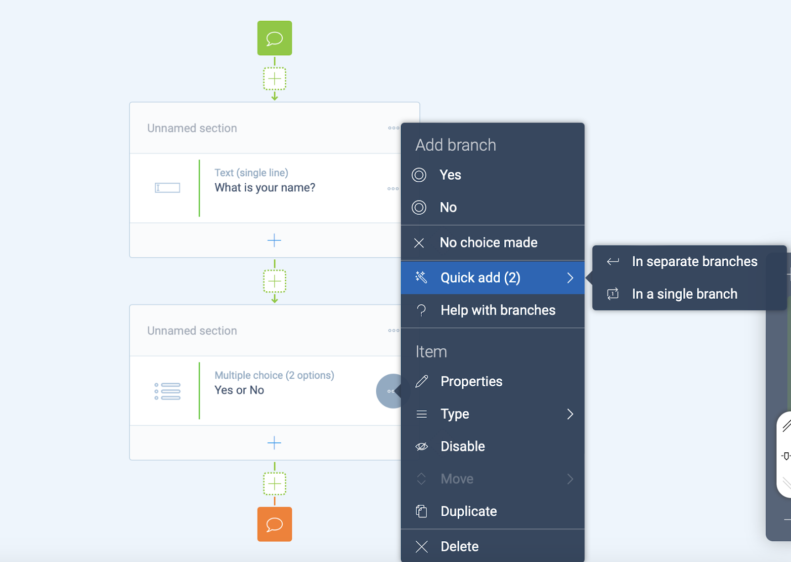 A picture example of Tripetto’s ‘Quick Add’ function, simplifying the process of having separate questions depending on what answer you give previously.