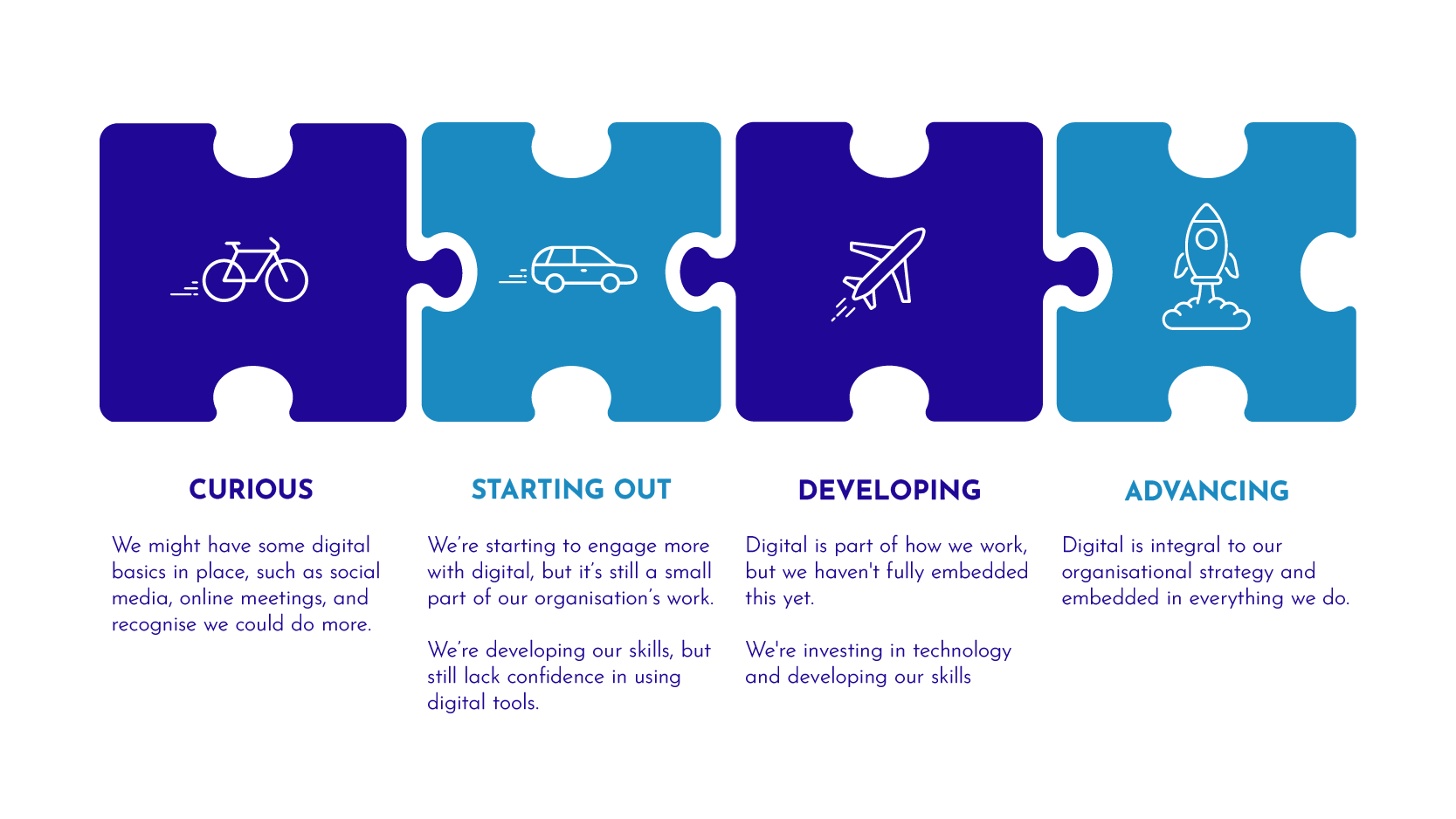 Curious: We might have some digital basics in place, such as social media, online meetings, and recognise we could do more. Starting Out: We’re starting to engage more with digital, but it’s still a small part of our organisation’s work.  We’re developing our skills, but still lack conﬁdence in using digital tools. Advancing: Digital is part of how we work, but we haven't fully embedded this yet.  We're investing in technology and developing our skills. Advanced: Digital is integral to our organisational strategy and embedded in everything we do.